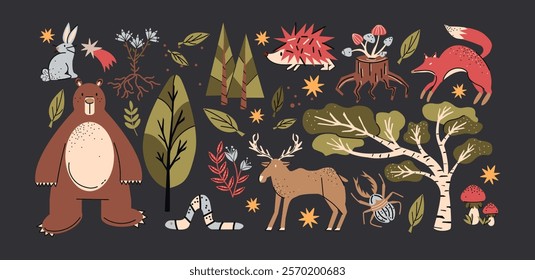 Mystical stickers of forest animals, plants, moon, sun. Folklore fairy tale motifs, magical mysterious enigmatic forest. Vector elements in cartoon style
