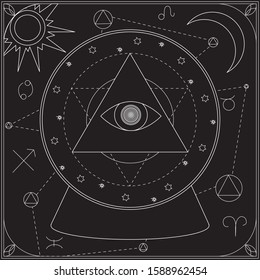 A mystical stock vector illustration with occultism, evil eye and glass ball. A mysterious outline astrology and fortune telling with moon and sun on a black background