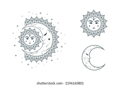 Mystical sun and crescent moon line art set. Vector  esoteric  design elements  isolated on white background. Hand drawn illustration in boho style for witchcraft, tarot cards  and tattoo.