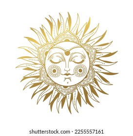 Mystical sun drawing with face, golden magical astrology symbol, celestial mythological illustration, vector hand drawing isolated on white. Witch tattoo, boho sticker.