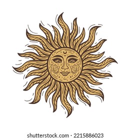 Mystical sun with face. Bohemian golden sun. Tattoo, sticker, tarot card. Vector illustration isolated on white background
