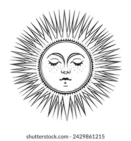Mystical sun with face with closed eyes and rays, celestial astrology logo, boho tattoo for zodiac, tarot. Magic hand drawn vector illustration isolated on white background. Medieval mythological