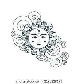 Mystical sun with a face in line art. Hand drawn esoteric illustration isolated on white, engraving stylization. Design for astrology, tarot cards, tattoo and stickers.