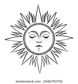 Mystical sun with face and rays, celestial astrology logo, boho tattoo for zodiac, tarot. Magic hand drawn vector illustration isolated on white background. Medieval mythological symbol.