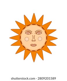 Mystical sun face vector element. Boho celestial symbol for summer and winter solstice, pagan holidays, midsummer, and astrology.