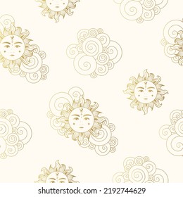 Mystical sun golden seamless pattern. Contemporary vector illustration in boho style for background and wall decor. Trendy texture for print, wrapping and textile.