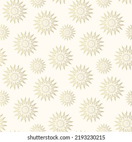 Mystical sun golden seamless pattern. Contemporary vector illustration in boho style for background and wall decor. Trendy texture for print, wrapping and textile.