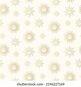 Mystical sun golden seamless pattern. Contemporary vector illustration in boho style for background and wall decor. Trendy texture for print, wrapping and textile.