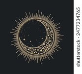 Mystical sun and half-moon filled with pattern, ornate crescent in tarot style, magic jewel, occult symbol, vector