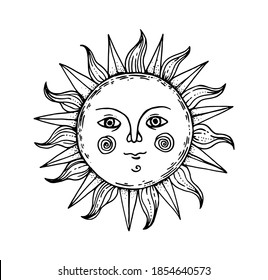 Mystical sun illustration. Hand drawn sketch. Amon ra god. Pagan symbol. Vector illustration.