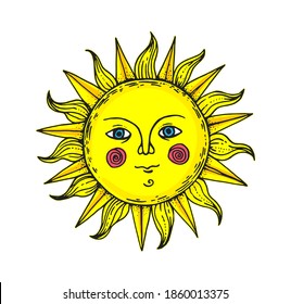 Mystical sun illustration. Hand drawn. Amon ra god. Pagan symbol. Vector illustration.