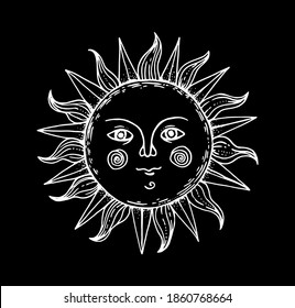 Mystical sun illustration. Hand drawn sketch. Amon ra god. Pagan symbol. Vector illustration.