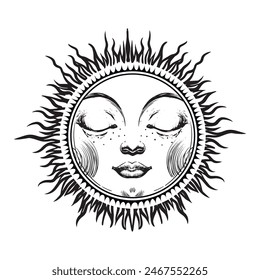 Mystical sun or moon with closed eyes, celestial astrology logo, Boho zodiac icon, Tarot. Magic vector outline hand drawn tattoo isolated on white background.