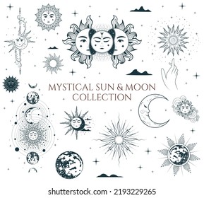 Mystical sun and moon collection. Isolated set of esoteric symbols. Hand drawn vector illustration in boho style.