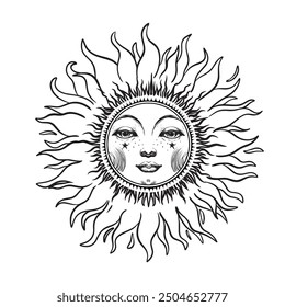 Mystical sun or moon with face, celestial astrology logo, Boho zodiac icon, Tarot. Magic vector outline hand drawn tattoo isolated on white background.