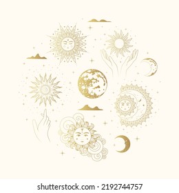 Mystical sun and moon golden collection. Isolated set of esoteric symbols. Hand drawn vector illustration in boho style. Design for astrology, tarot cards and stickers.