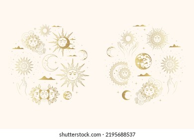 Mystical sun and moon golden collection. Isolated set of two round illustration with esoteric symbols. Hand drawn vector images in boho style. Design for astrology, tarot cards and stickers.