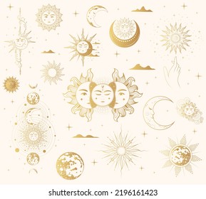 Mystical sun and moon golden collection. Isolated set of esoteric symbols. Hand drawn vector illustration in boho style. Design for astrology, tarot cards and stickers.