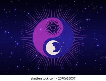 Mystical sun and moon sacred logo design, day and night. Zen symbol. Ying yang sign of harmony and balance. Colorful Vector Illustration isolated on starry blue galaxy background