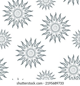 Mystical sun seamless pattern. Contemporary vector illustration in boho style for background and wall decor. Trendy texture for print, wrapping and textile.