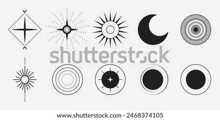 Mystical Sun and Star Icons: A versatile collection of circular sun and star icons in black on a white isolated background, ideal for use in branding, logos, and decorative elements with mysterious 