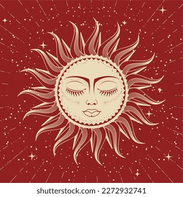 Mystical sun with woman face and eyes closed, astrology, divination and magic, esoteric dreaming sun, vector