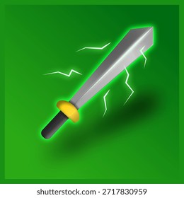 Ein mystisches Schwert mit Blitzstärke. Farbverlauf auf grünem Hintergrund. Schwertvektor.