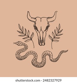 Mystical symbol with an animal skull, plant branches, snake. Hand drawn vector illustration, decorative pattern for card, poster, print, paper, icon, flyer. Wild west motif, magical sign, lifestyle