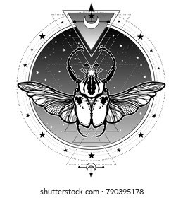  Mystical symbol bug Goliath. Sacred geometry. Alchemy, magic, esoteric, occultism. Vector illustration isolated on a white background. Print, poster, t-shirt, card.