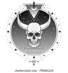  Mystical symbol: demonic horned skull, star sky. Sacred geometry. Alchemy, magic, esoteric, occultism. Vector illustration isolated on a white background. Print, poster, t-shirt, card.