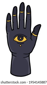 Mystical symbol. Hand with an eye. Black and gold. 