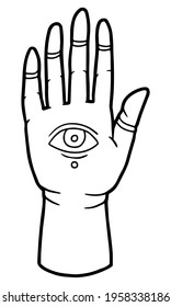 Mystical symbol. Hand with an eye. Coloring page. Black lineart. 