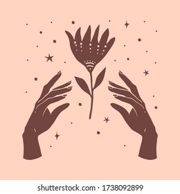 Mystical symbol hands and flower. Trendy magic symbol on a light background.