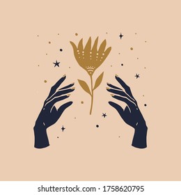 Mystical symbol hands and flower. Trendy magic symbol on a light background