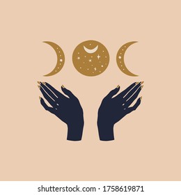 Mystical symbol hands and moon. Trendy magic symbol on a light background