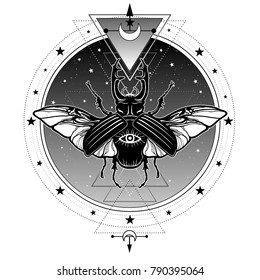  Mystical symbol horned bug Deer. All-seeing eye. Sacred geometry. Alchemy, magic, esoteric, occultism. Vector illustration isolated on a white background. Print, poster, t-shirt, card.