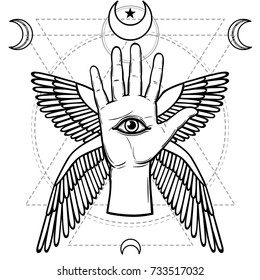 Mystical symbol: human hand, Eye of Providence, sacred geometry. Esoteric, religion, occultism. Vector illustration isolated on a white background. Print, poster, t-shirt, card.