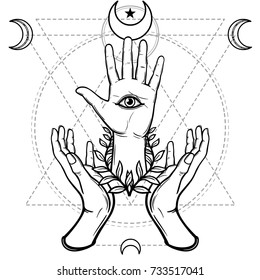 Mystical symbol: human hand, Eye of Providence, sacred geometry. Esoteric, religion, occultism. Vector illustration isolated on a white background. Print, poster, t-shirt, card.