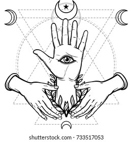 Mystical symbol: human hand, Eye of Providence, sacred geometry. Esoteric, religion, occultism. Vector illustration isolated on a white background. Print, poster, t-shirt, card.