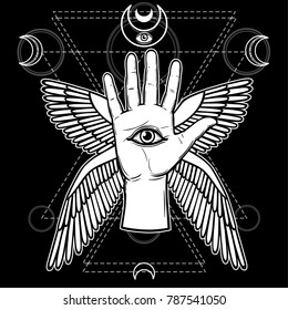 Mystical symbol: human hand, Eye of Providence, sacred geometry. Esoteric, religion, occultism. Vector illustration isolated on a black background. Print, poster, t-shirt, card.