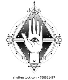 Mystical symbol: the human hand has a divine all-seeing eye on a palm. Alchemy, magic, esoterics, occultism. Vector illustration isolated on a white background. Print, poster, t-shirt, card.