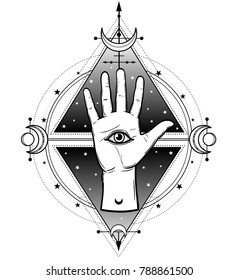 Mystical symbol: the human hand has a divine all-seeing eye on a palm. Alchemy, magic, esoterics, occultism. Vector illustration isolated on a white background. Print, poster, t-shirt, card.