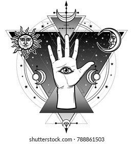 Mystical symbol: the human hand has a divine all-seeing eye on a palm. Alchemy, magic, esoterics, occultism. Vector illustration isolated on a white background. Print, poster, t-shirt, card.