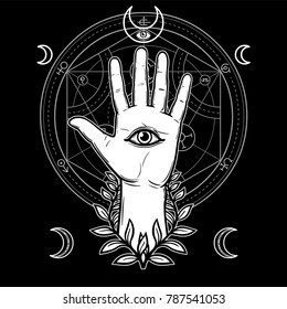 Mystical symbol: the human hand in a wreath has an all-seeing divine eye. Alchemical circle of transformations.  Vector illustration isolated on a black background. Print, poster, t-shirt, card.