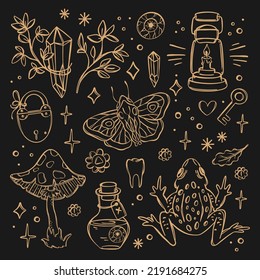 MYSTICAL SYMBOL Magical Objects Of Witchcraft Cartoon Holiday Halloween Monochrome Sketch Hand Drawn In Flat Style On Black Background Vector Illustration Set