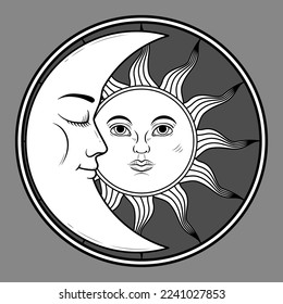 The mystical symbol - moon and sun with faces in retro style in a round frame. Vector illustration isolated on a dark background