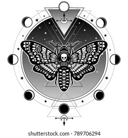  Mystical symbol moth Dead Head. Sacred geometry. Star sky, phases of the moon. Alchemy, magic, esoteric, occultism. Vector illustration isolated on a white background. Print, poster, t-shirt, card.