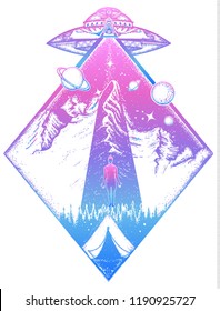 Mystical symbol paranormal phenomena,  first contact, UFO kidnapped  tourist from tent in mountains. UFO tattoo art and t-shirt design. Invasion of aliens. Aliens kidnap human 