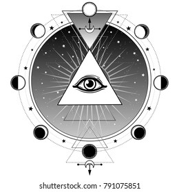  Mystical symbol: pyramid, all-seeing eye. Sacred geometry. Alchemy, magic, esoteric, occultism. Vector illustration isolated on a white background. Print, poster, t-shirt, card.
