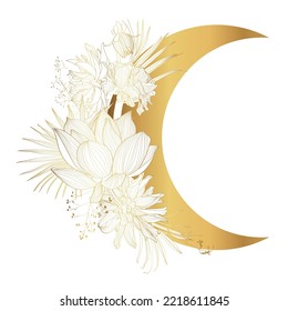 Mystical symbols. Boho mystical hand drawn elements, magic moon with golden line flowers illustration icons.
